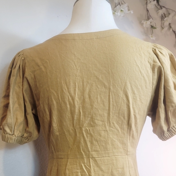 GILLIA 100% LINEN BUTTON UP ROUND NECK SHORT SLEEVES MUSTARD MINIDRESS SZ SMALL - Picture 7 of 16